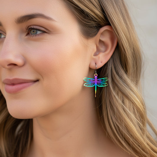 Boucles d'oreilles pendantes libellule arc-en-ciel irisée