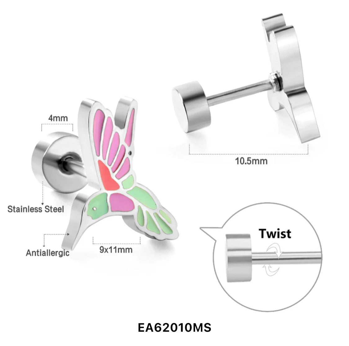 silver hummingbird earrings screw back
