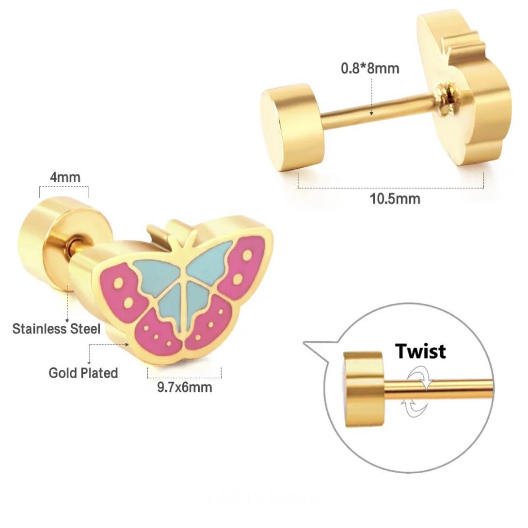 A pair of stainless steel butterfly stud earrings with a pink and blue pattern on a white background.