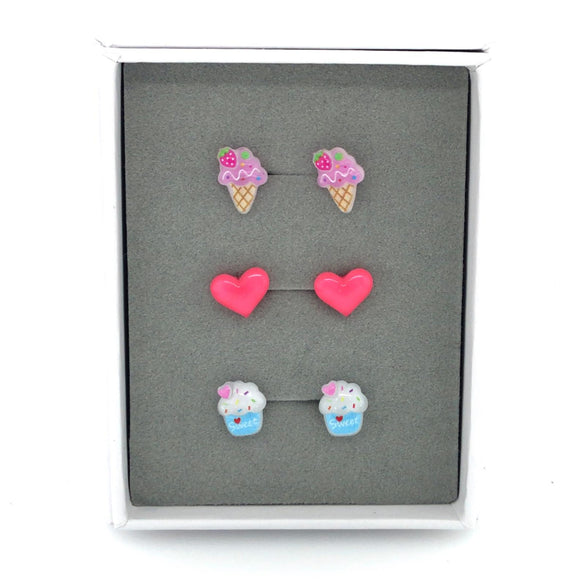 Plastic Post or Invisible Clip On Cupcake, Pink Heart, Ice Cream - Gift Set