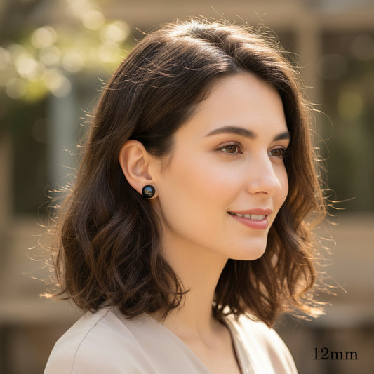Black Agate Stone Stud Earrings, 10mm 12mm
