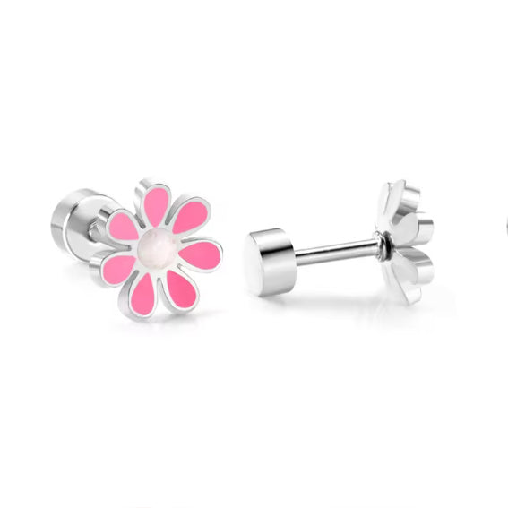 stainless steel daisy stud earrings with 18k gold PVD nickel-free finish in pink