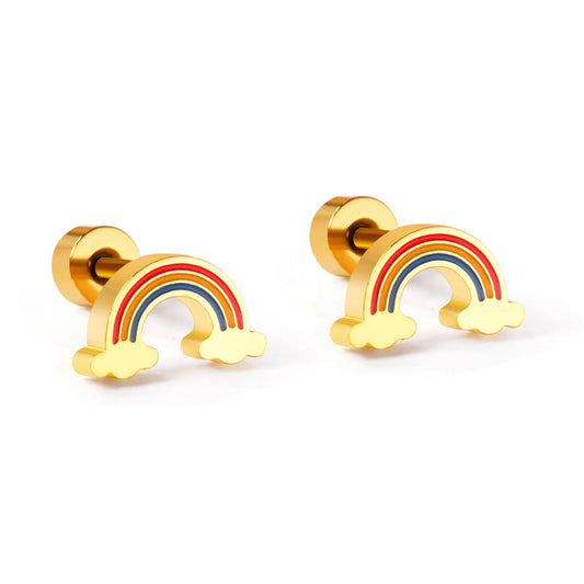 A pair of screw back, rainbow earrings with a gold PVD coating.