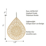 Invisible Clip On, Titanium Hook or Plastic Hook Dangle Earrings, Lace Filigree Teardrop, 60mm