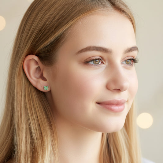 tiny frog earrings in ear