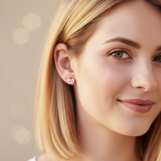 apple stud earrings on an ear model