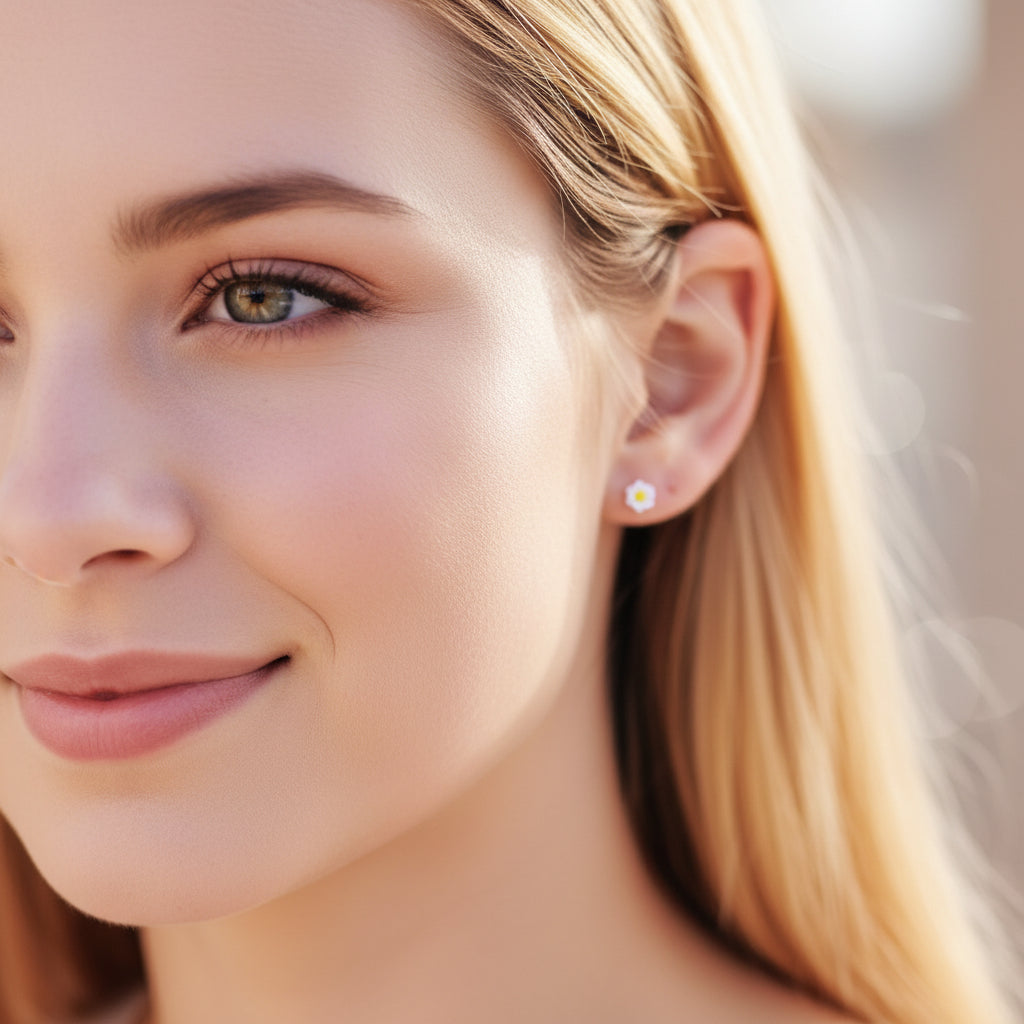 white 6mm flower earring in an ear