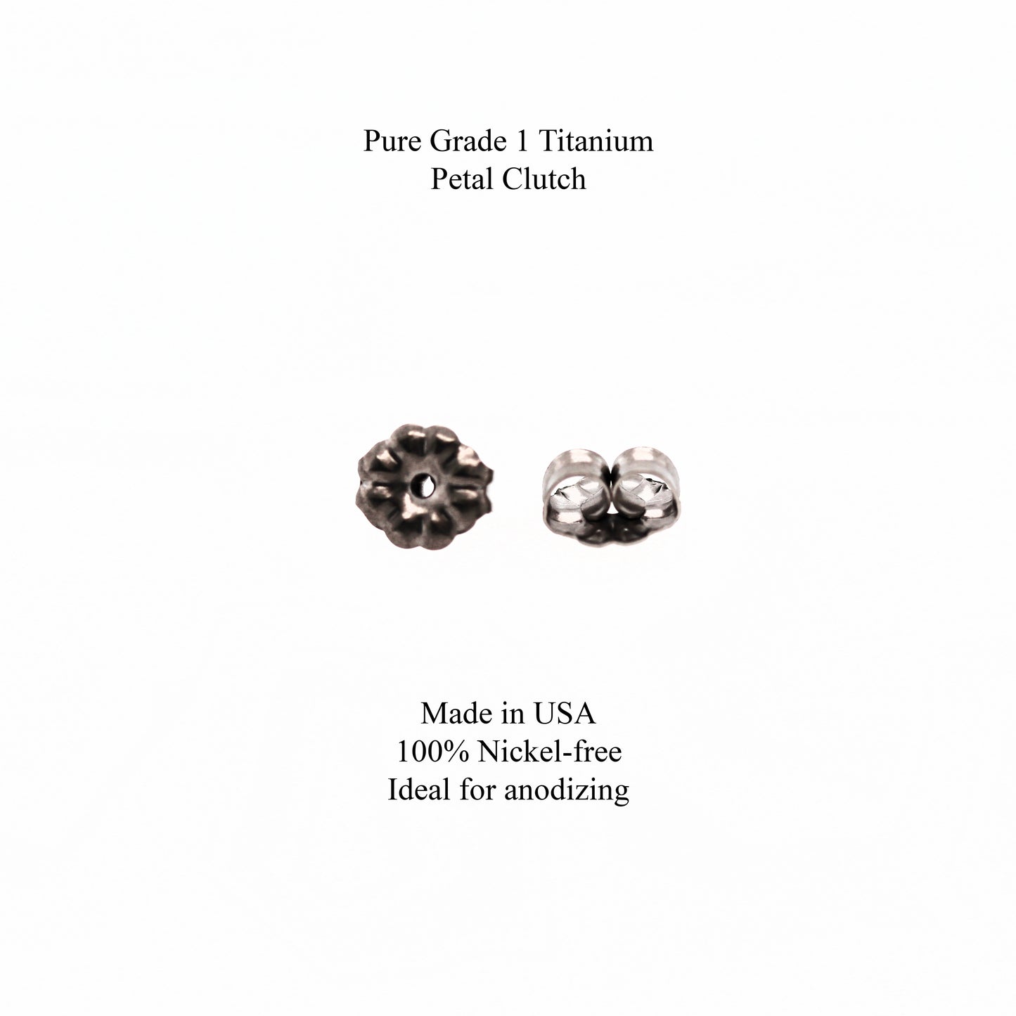 Two Pure Grade 1 Titanium Petal Clutches on a white background with text about their features.