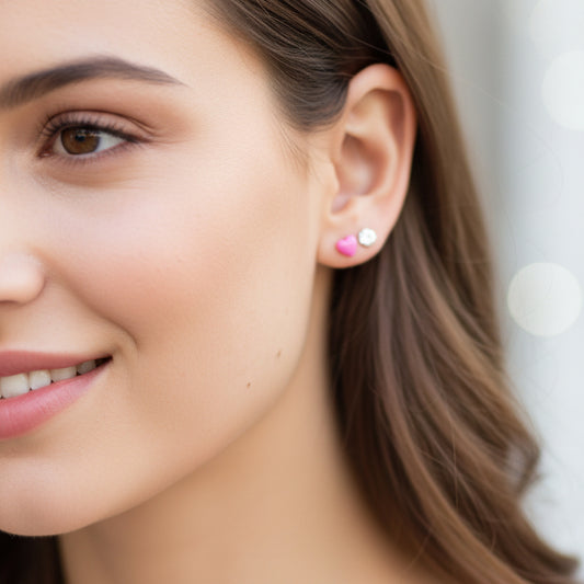 Close-up of an ear with two earrings: a purple heart and a silver rhinestone stud.