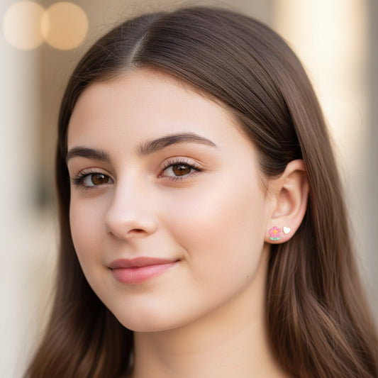 Close-up of an ear with floral stud earrings and a small round earring.