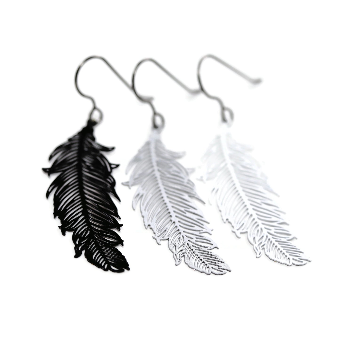 Delicate Feather Dangle Earrings – Lightweight Statement in Black, Silver or White