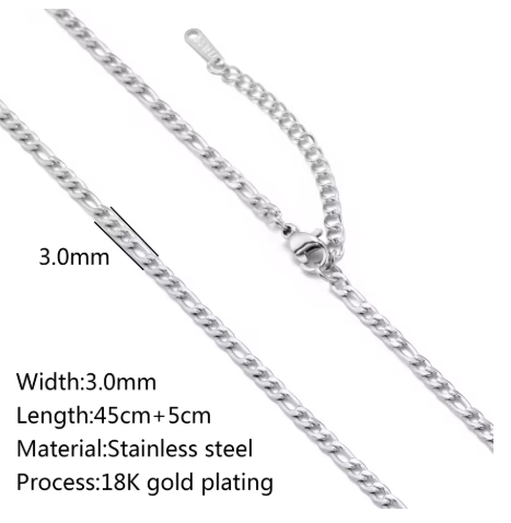 Figaro Necklace 18K Gold PVD Plated Stainless Steel, 3.0mm Wide, 17" Long