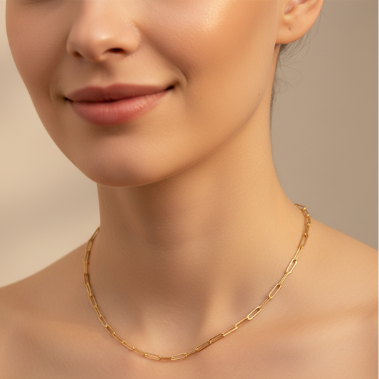 Paperclip Chain Necklace 18K Gold PVD Plated Stainless Steel, 3.2mm Wide, 17" Long