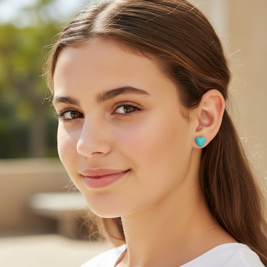 Heart Shaped Simulated Turquoise Stone Stud Earrings