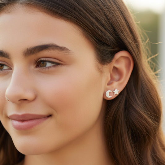 Invisible Clip On or Plastic Post Stud Look Earrings, Mismatched Moon and Stars