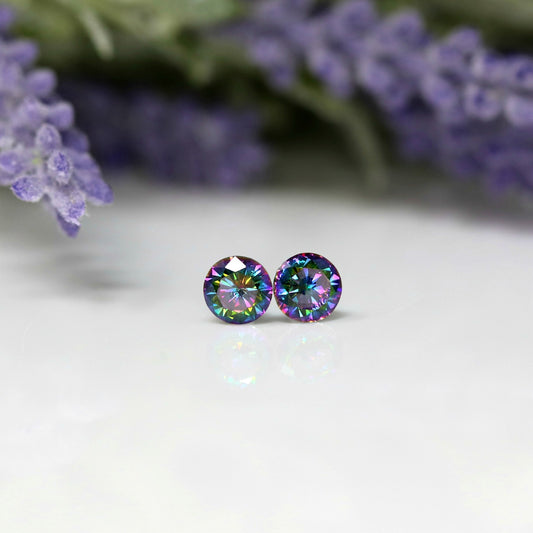 Plastic Posts or Invisible Clip On Multi-Color CZ Earrings, 6mm or 8mm