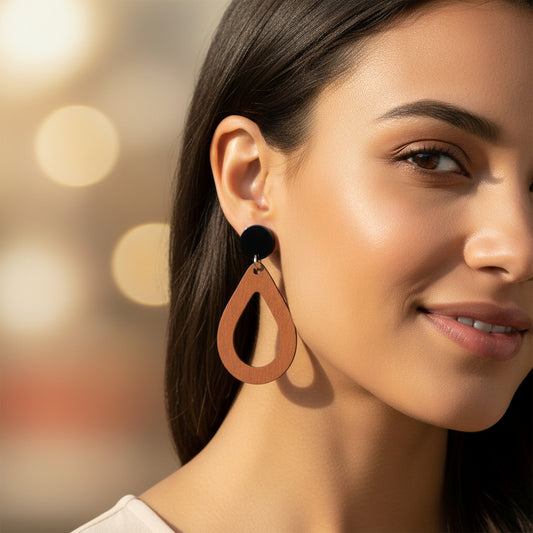 Resin & Wood Open Teardrop Dangle Earrings, 50mm