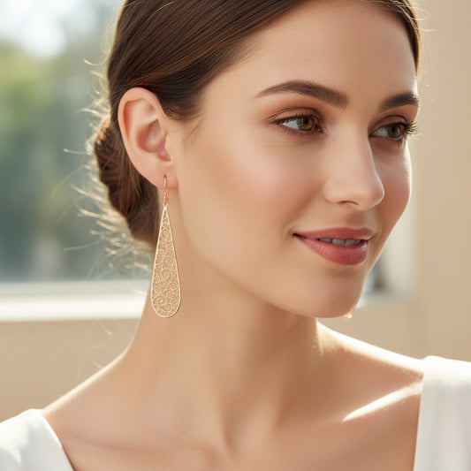 Long Filigree Teardrop Dangle Earrings