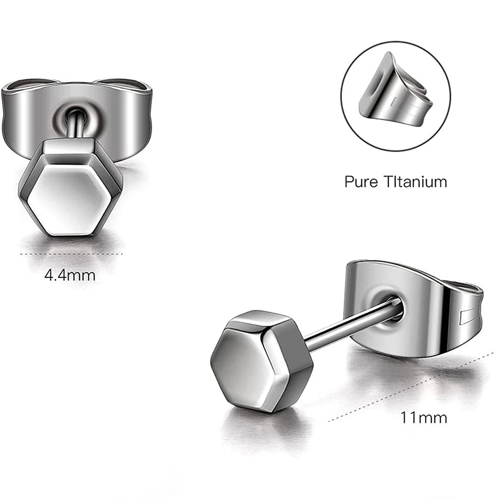 Titanium Hexagon Stud Earrings, 4mm