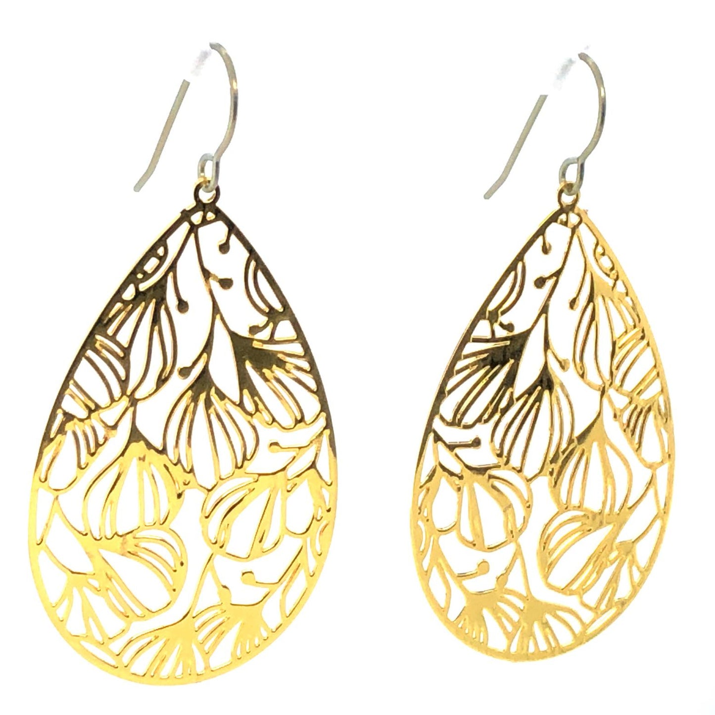 A pair of gold floral filigree teardrop dangle earrings with a polished stainless steel finish, designed for invisible clip-on wear.
