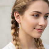 Close-up of an ear wearing colorful butterfly earrings with a blurred background.