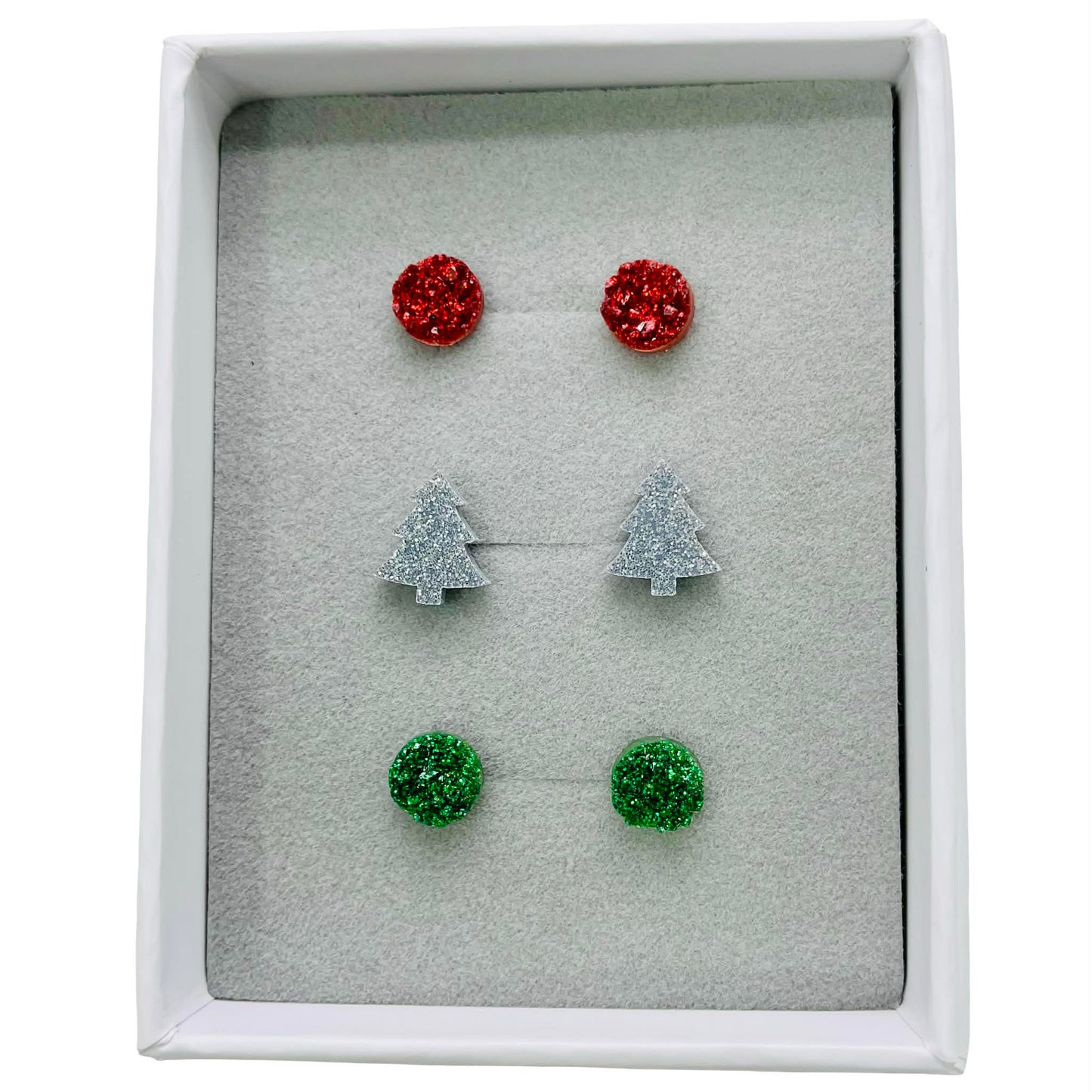 Druzy Green & Red, Silver Glitter Tree - Stud Earrings Gift Set