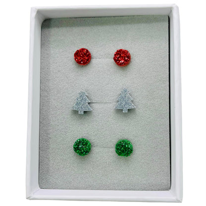 Druzy Green & Red, Silver Glitter Tree - Stud Earrings Gift Set
