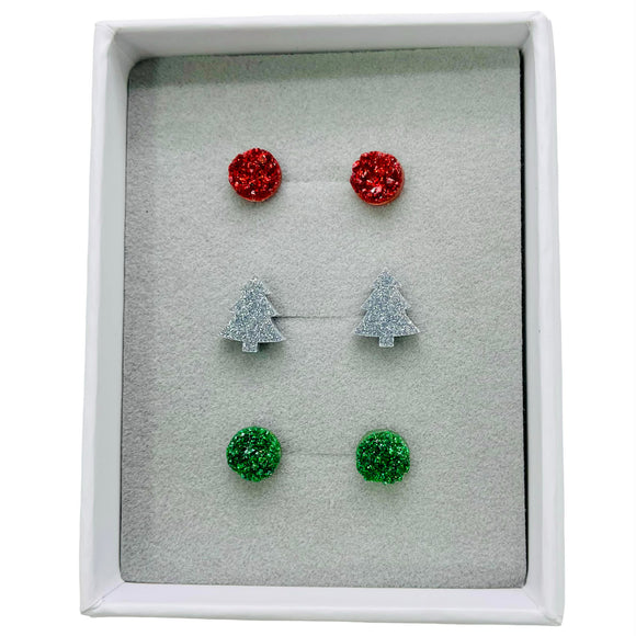 8mm Druzy Green & Red, Silver Glitter Tree - Stud Earrings Set