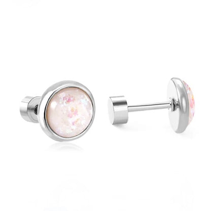 A pair of stainless steel iridescent cabochon stud earrings with a flat back closure.