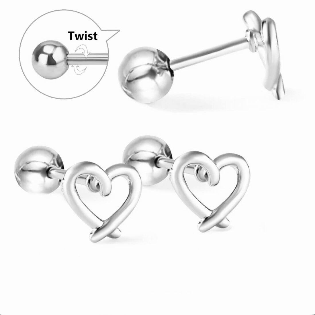 A pair of silver-colored screw back earrings designed in the shape of an open heart, with a twist back closure.
