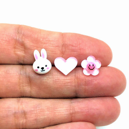Bunny, Pink Heart, Smiley Flower - Stud Earring Gift Set