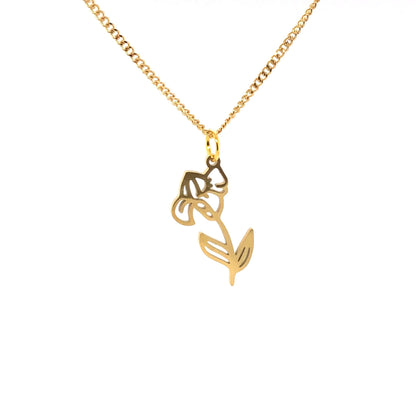A gold-colored stainless steel necklace with a birth month flower charm.