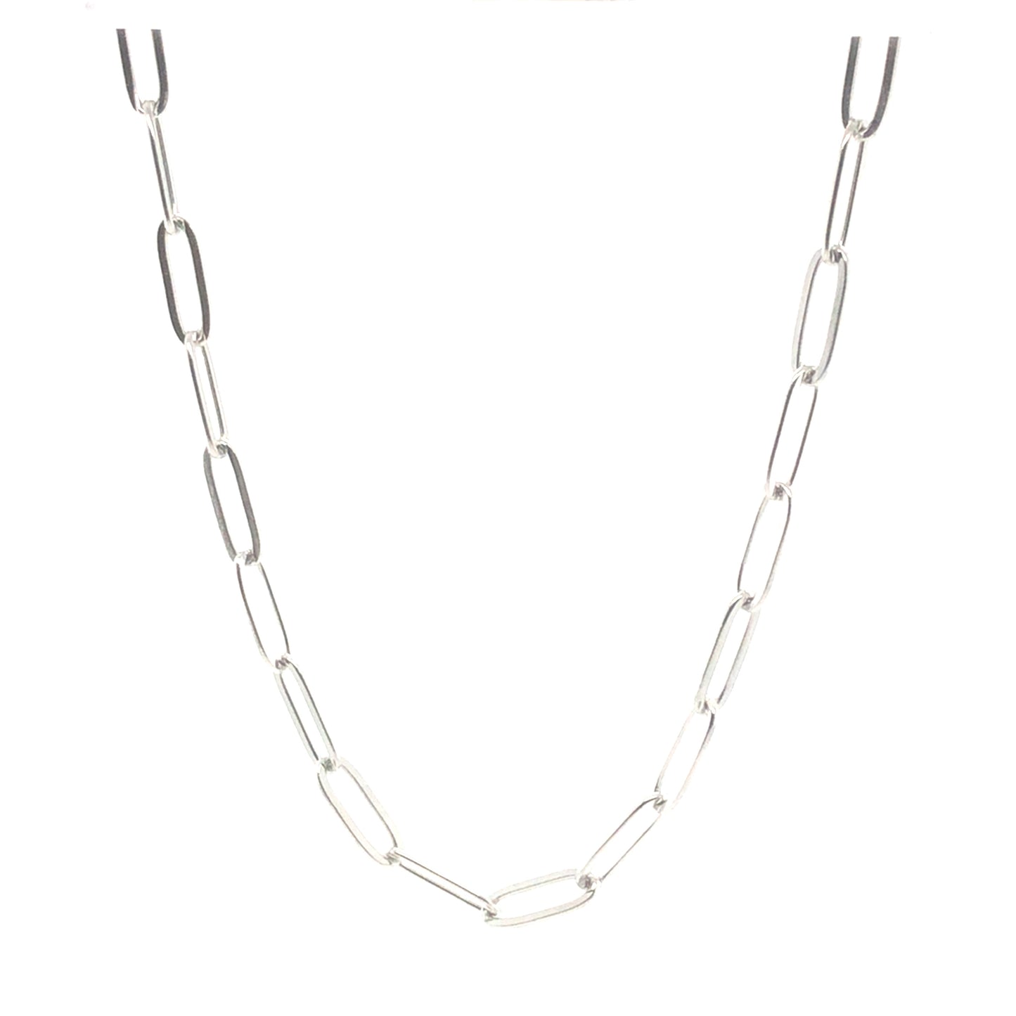 An 18K gold PVD plated stainless steel paperclip chain necklace with elongated, rectangular links, displayed against a white background.