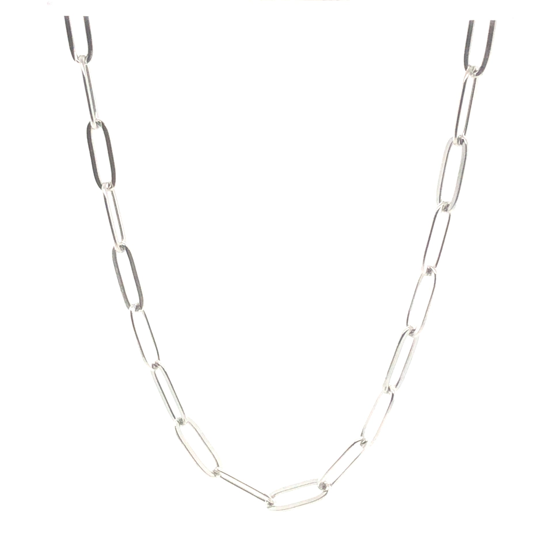 An 18K gold PVD plated stainless steel paperclip chain necklace with elongated, rectangular links, displayed against a white background.