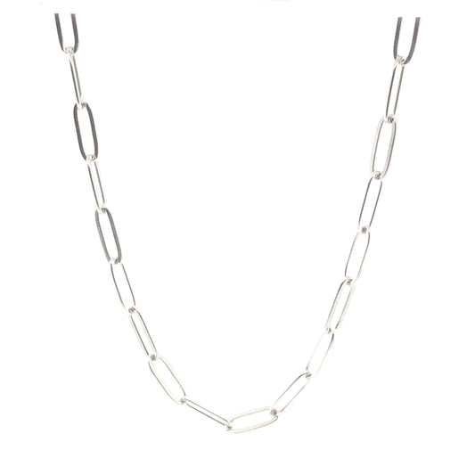 An 18K gold PVD plated stainless steel paperclip chain necklace with elongated, rectangular links, displayed against a white background.