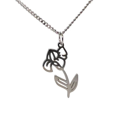 A silver-colored stainless steel necklace with a birth month flower charm.