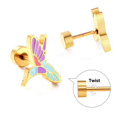 A pair of gold-colored screw back earrings featuring a hypoallergenic stainless steel hummingbird design with a PVD coating.