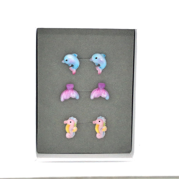 Coffret cadeau de boucles d'oreilles à tige avec dauphin, queue de sirène et hippocampe