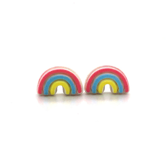 A pair of rainbow-colored stud earrings made from resin, with options for different post styles including invisible clip-on, plastic post, titanium post, and screw-on flat back.