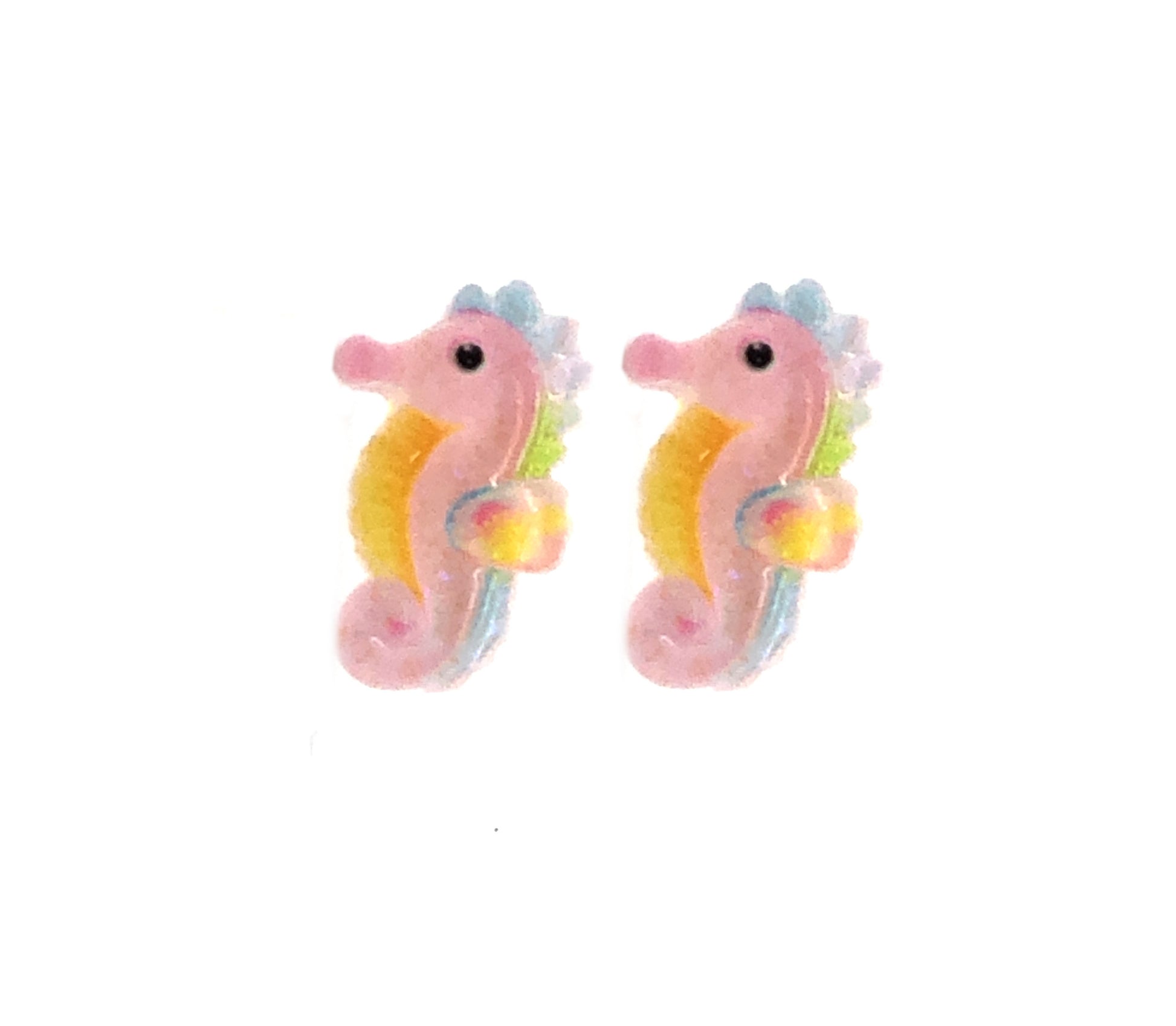 A pair of seahorse-shaped stud earrings in multicolor design, crafted from resin, displayed against a white background.