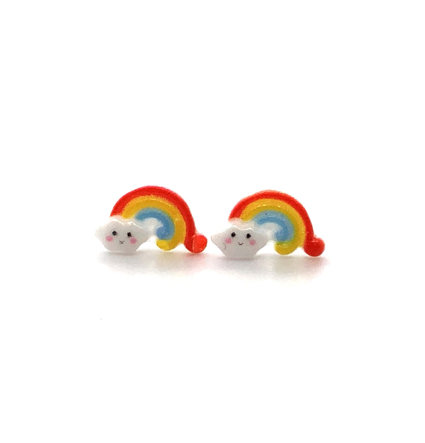 A pair of dainty rainbow-shaped stud earrings with a small cloud design on a white background.