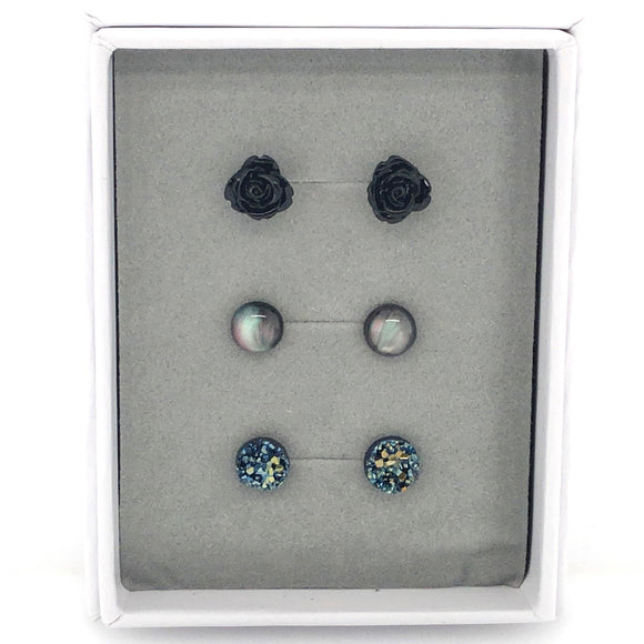 Coffret cadeau de boucles d'oreilles à tige en rose noire, opalescente et druzy 10 mm