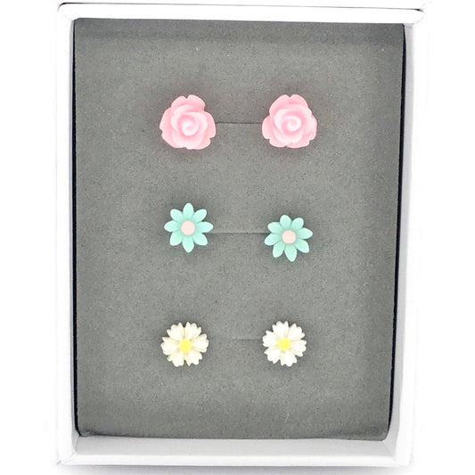Boucles d'oreilles à clous florales, coffret cadeau de trois