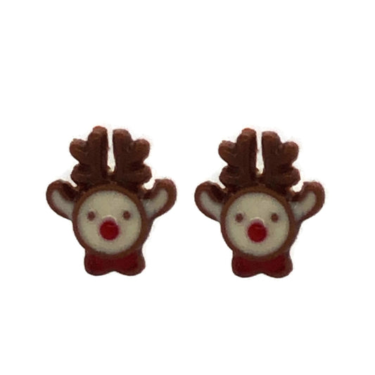 A pair of vintage-style reindeer stud earrings made of resin, with options of different post styles for pierced and non-pierced ears.