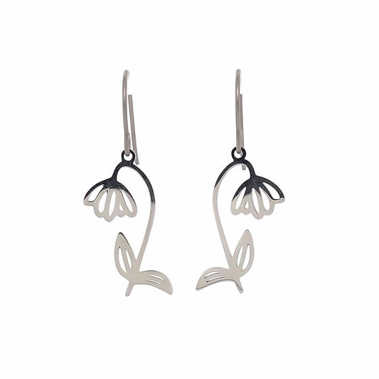 A pair of silver dangle earrings in the shape of birth month flowers, with a heart-shaped stem and two floral designs, suitable for sensitive ears.