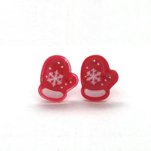 Red Winter Mitten Stud Earrings, 7x8mm