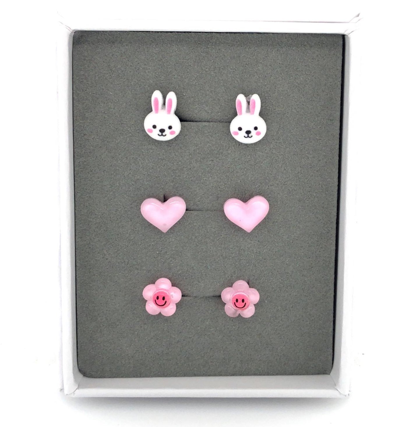 Bunny, Pink Heart, Smiley Flower - Stud Earring Gift Set