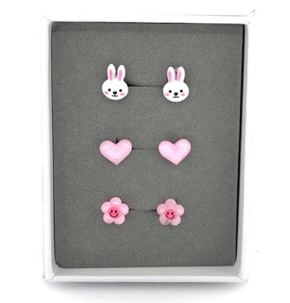 Bunny, Pink Heart, Smiley Flower - Stud Earring Gift Set