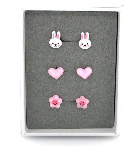 Bunny, Pink Heart, Smiley Flower - Stud Earring Gift Set