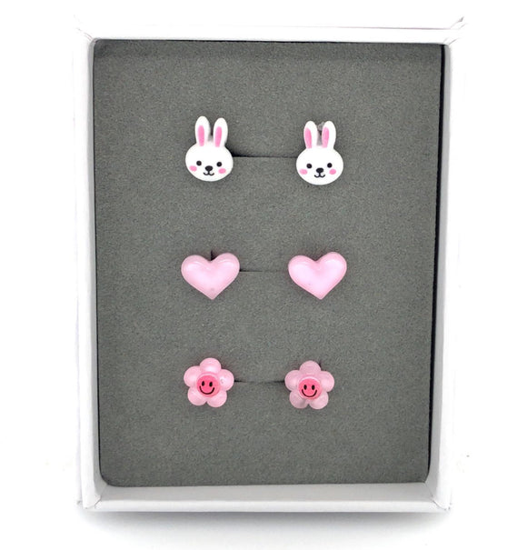 Coffret cadeau de boucles d'oreilles à tige avec lapin, cœur rose et fleur souriante